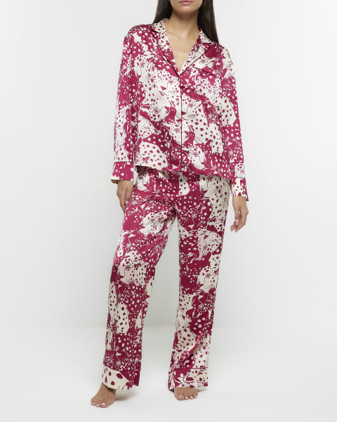 Pink satin animal print pyjama shirt