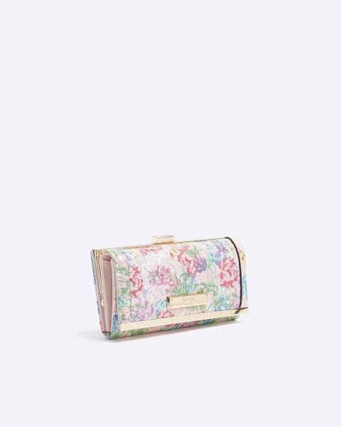 Pink patent floral clip top purse