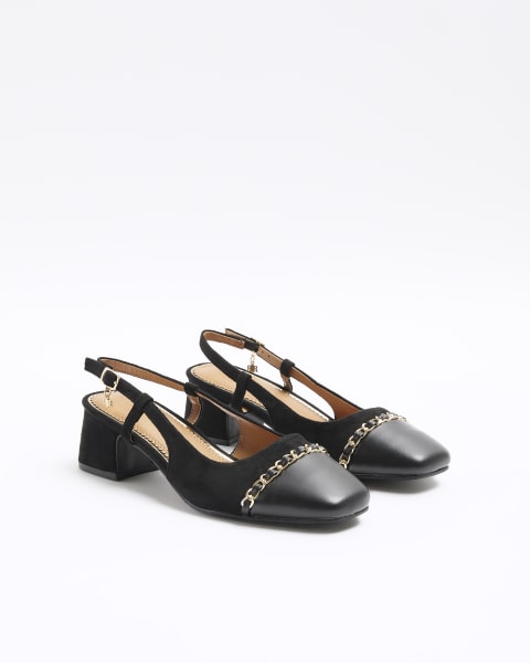 Black wide fit block heeled court shoes