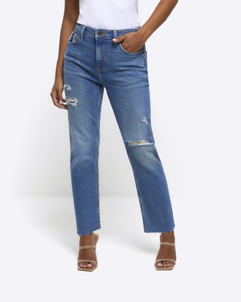 Petite blue slim straight ripped jeans