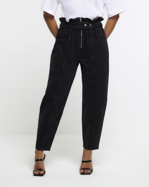 Petite black paperbag belted jeans