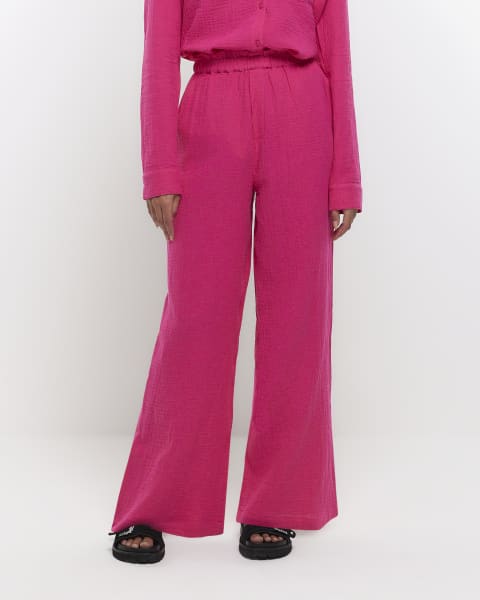 Pink textured wide leg trousers