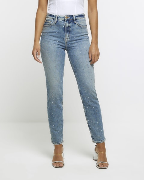 Blue denim embellished slim fit jeans