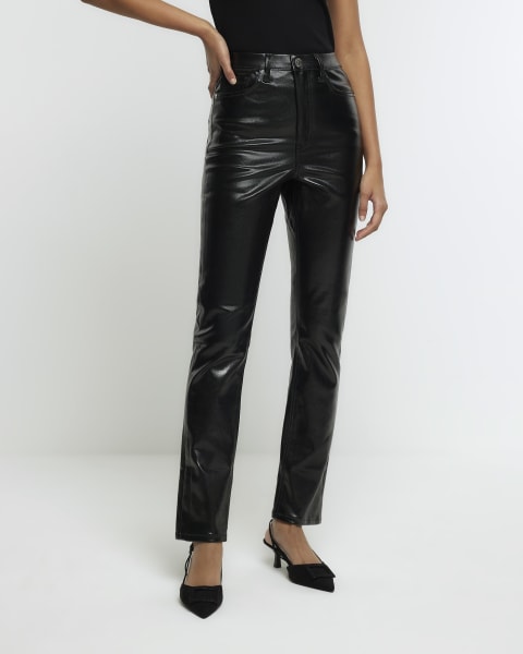 Black high waisted slim straight coated jeans