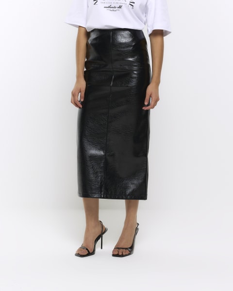 Black faux leather seamed midi skirt
