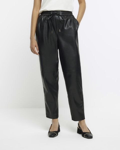 Black faux leather seam detail trousers