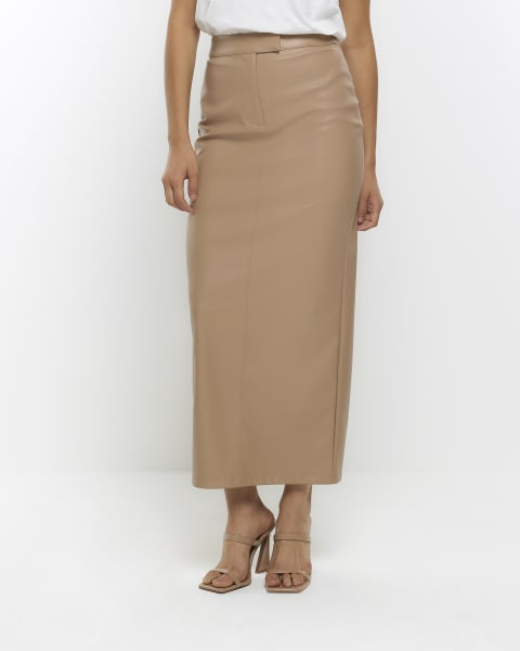 Brown faux leather midi skirt