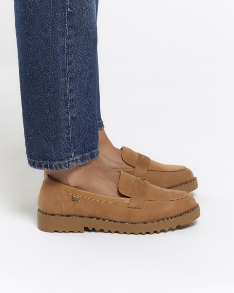 Beige wide fit diamante loafers