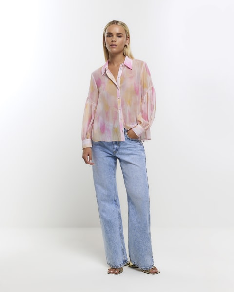 Petite pink printed long sleeve shirt