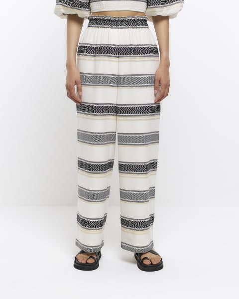 Ecru stripe wide leg pull on trousers