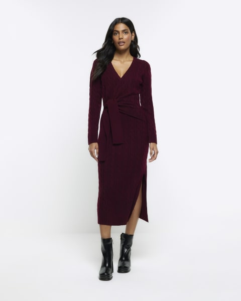 Red cable knit wrap jumper midi dress