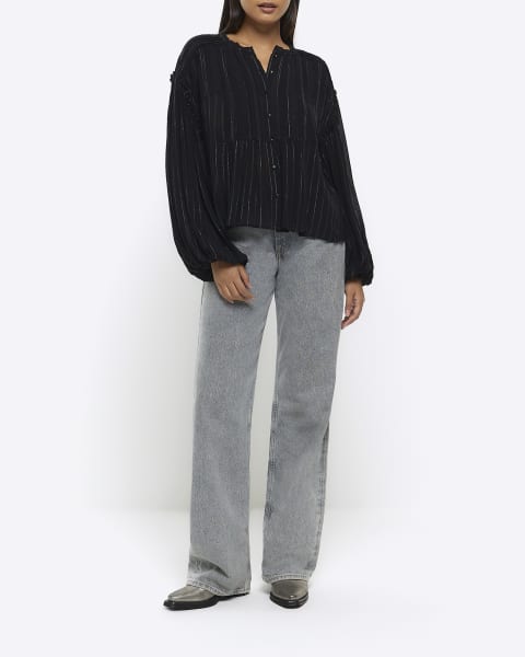 Black lace pleated blouse