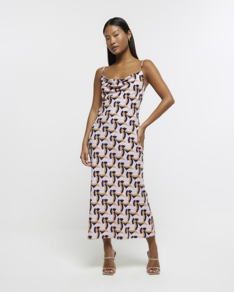 Petite purple geometric bow slip midi dress