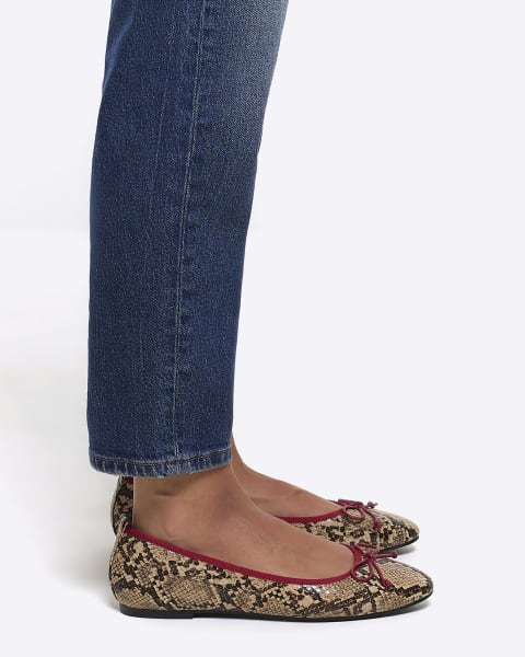 Beige print bow ballet shoes