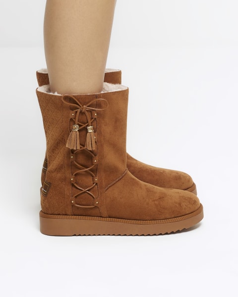 Brown suedette embossed ankle boots