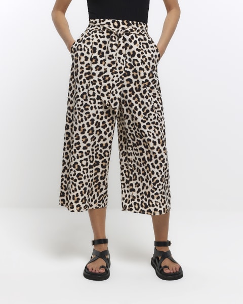 Brown leopard print tie culottes