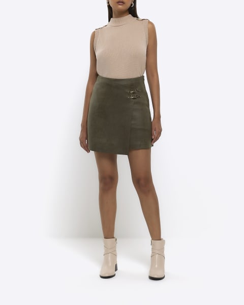 Khaki faux leather buckle mini skirt