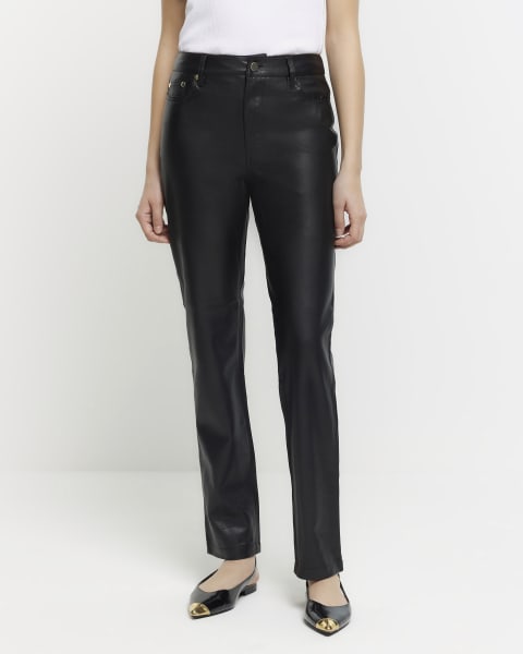 Black faux leather straight trousers