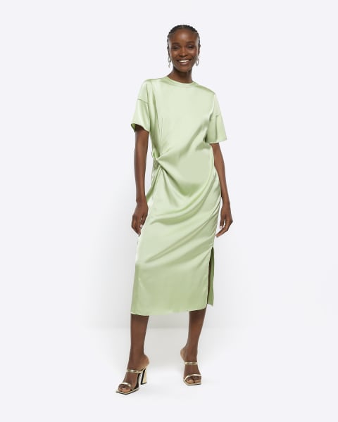 Green satin knot detail shift midi dress