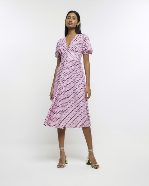 Pink spotted puff sleeve swing midi dress
