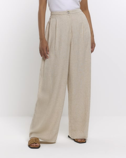 Stone pleated wide leg trousers with linen