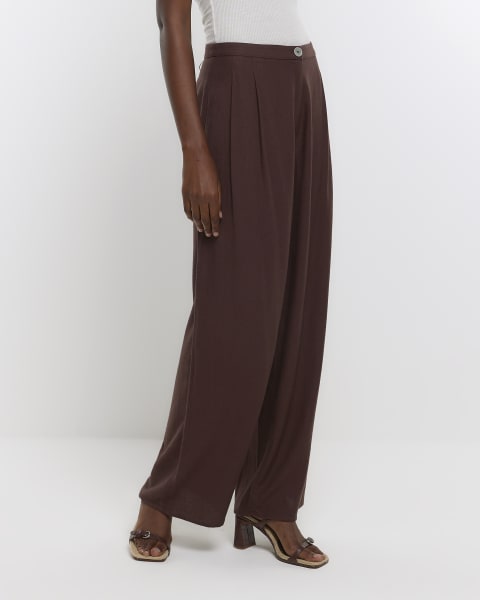 Brown pleated wide leg trousers with linen