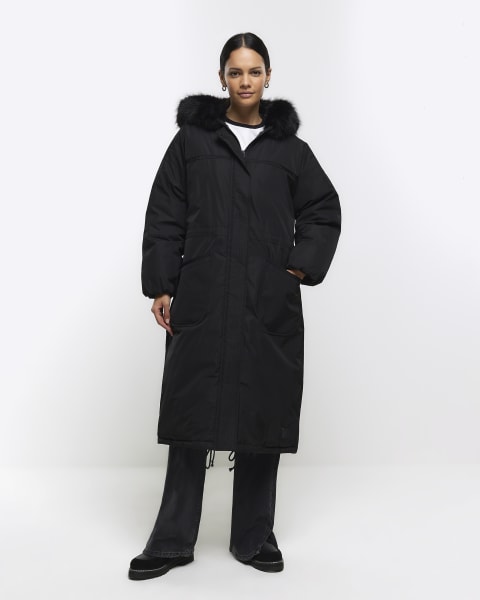 Black faux fur hood parka jacket