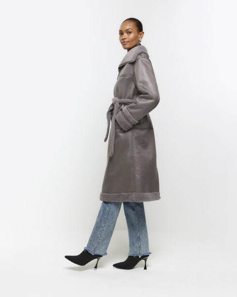 Grey suedette belted longline coat