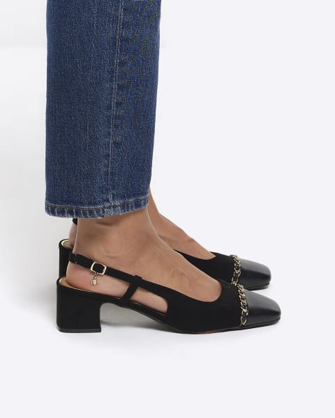 Black block heeled sling back court shoes