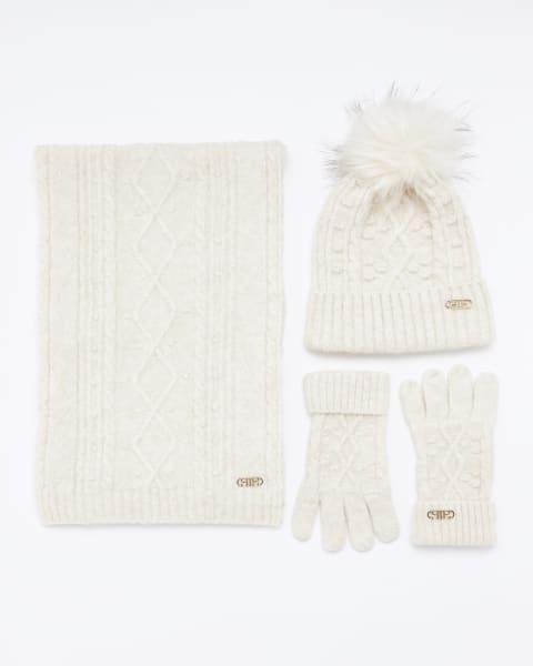 Beige cable knit hat gift set