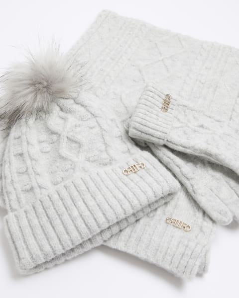 Grey cable knit hat gift set