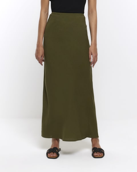 Khaki midi skirt with linen