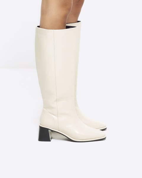 Cream wide fit high leg heeled boots