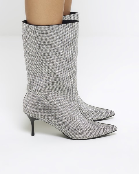 Silver diamante heeled calf boots