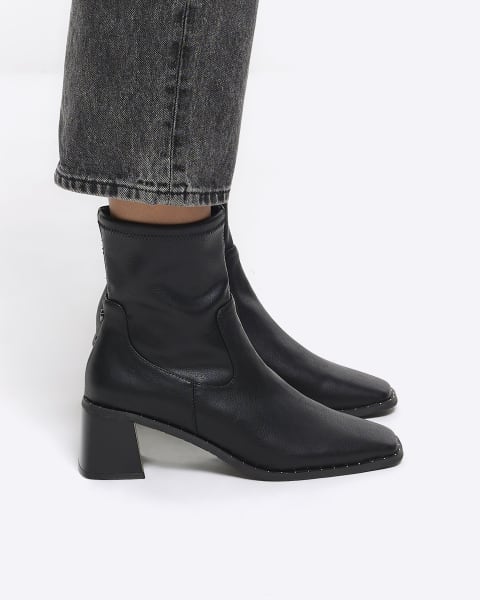 Black faux leather stud block heel boots