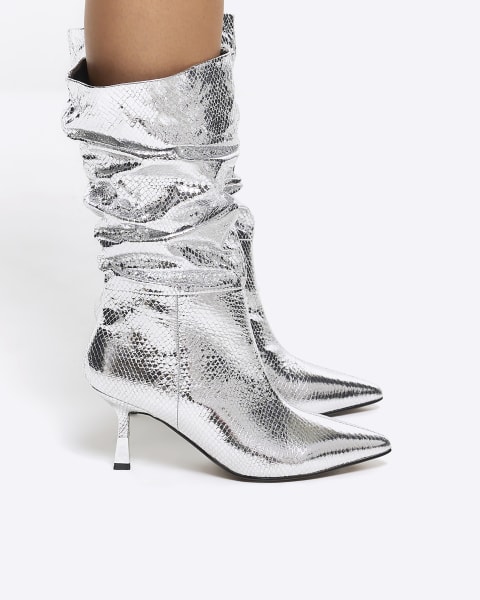 Silver metallic slouch heeled boots