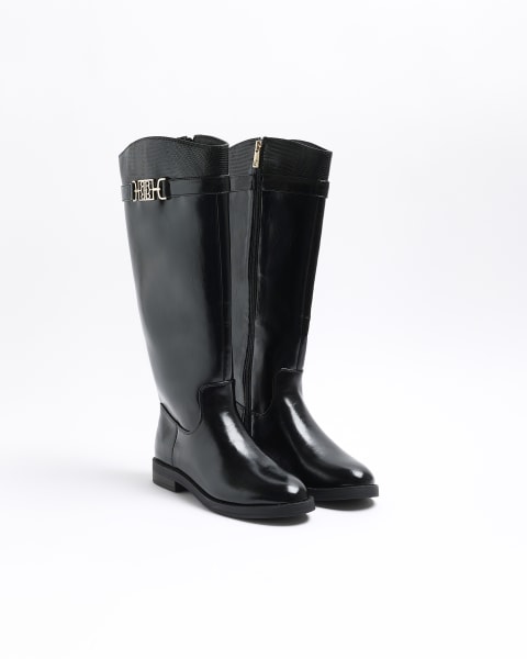 Black buckle knee high boots