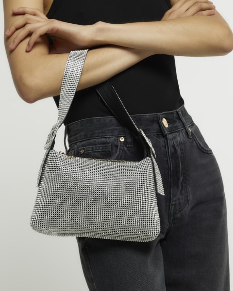 Silver embellished buckle shoulder bag