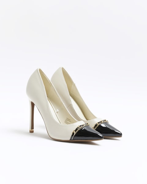 Cream chain detail heeled court shoes