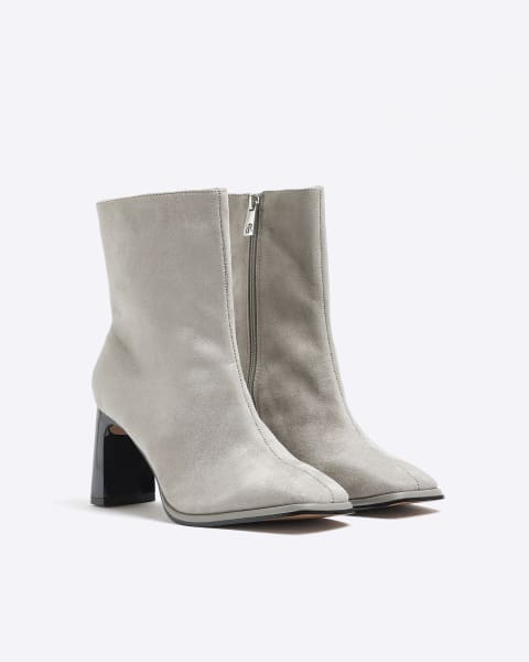 Grey faux leather heeled ankle boots