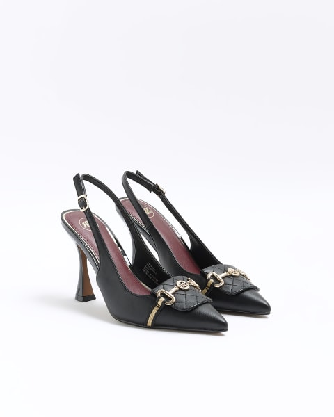 Black chain sling back heeled court shoes