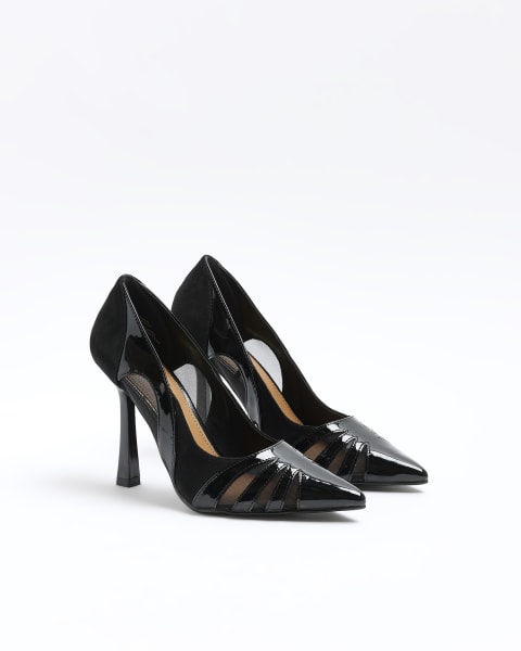 Black Mesh Cut Out Heeled Court Shoes