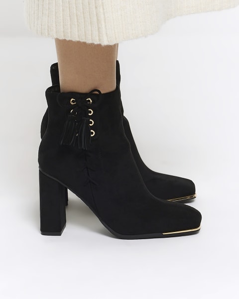 Black suedette lace up detail heeled boots
