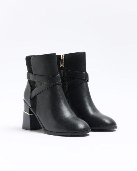 Black chain block heel ankle boots