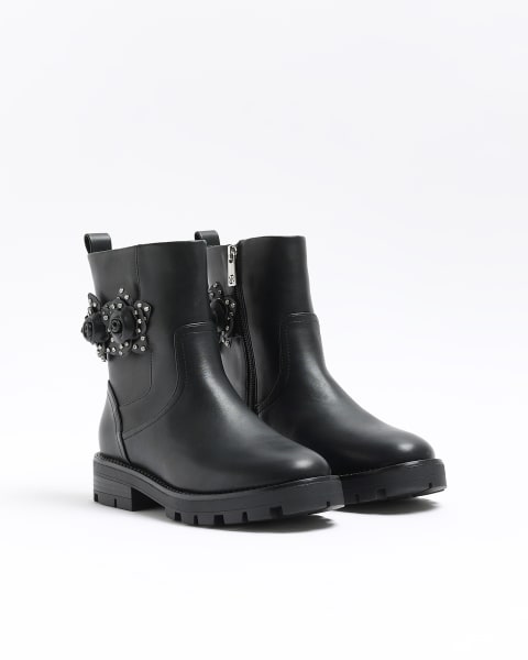 Black flower detail biker boots