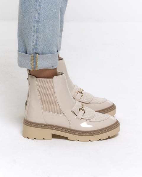 Cream chain detail loafer boots