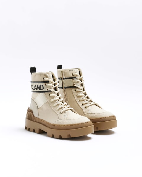 Beige canvas lace up boots