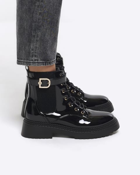 Black patent buckle lace up boots