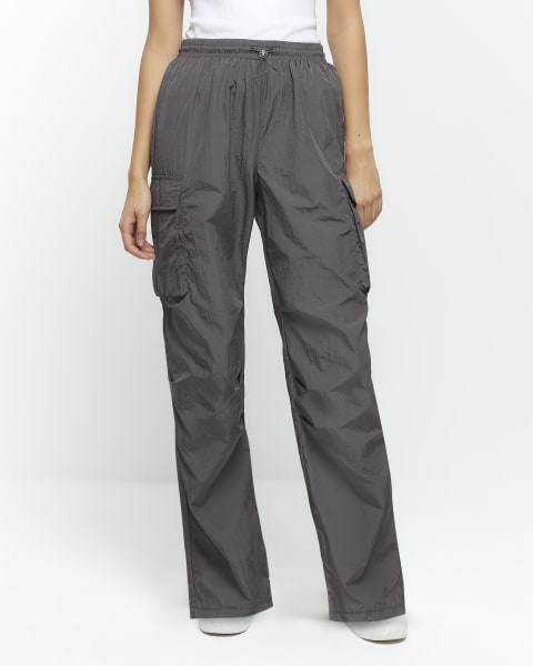 Grey straight parachute trousers