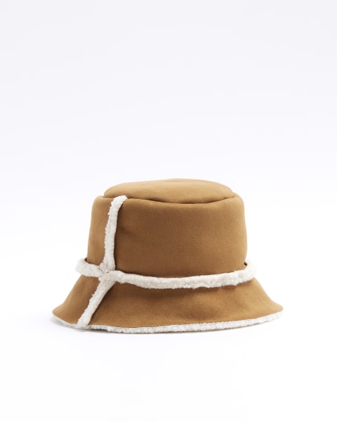 Beige borg trim bucket hat